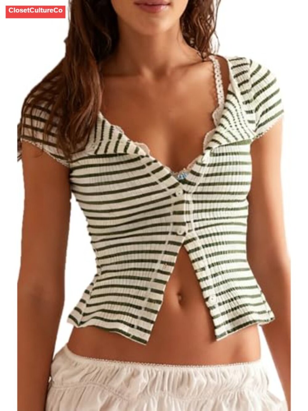 Womens Ribbed Cotton Button Down Cardigan Cap Sleeve Fitted Y2K Top